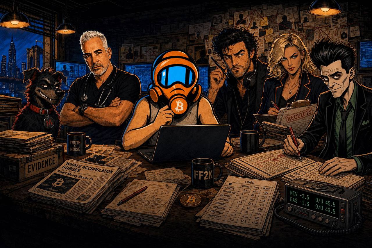 FF2K pseudonymous contributors gathered around a noir newsroom desk: Mutley, Dom Adjustment, FF2K, Trent Jones, Vera Ledger, and Paulie X amid evidence files, receipt folders, market screens, and sports line sheets.