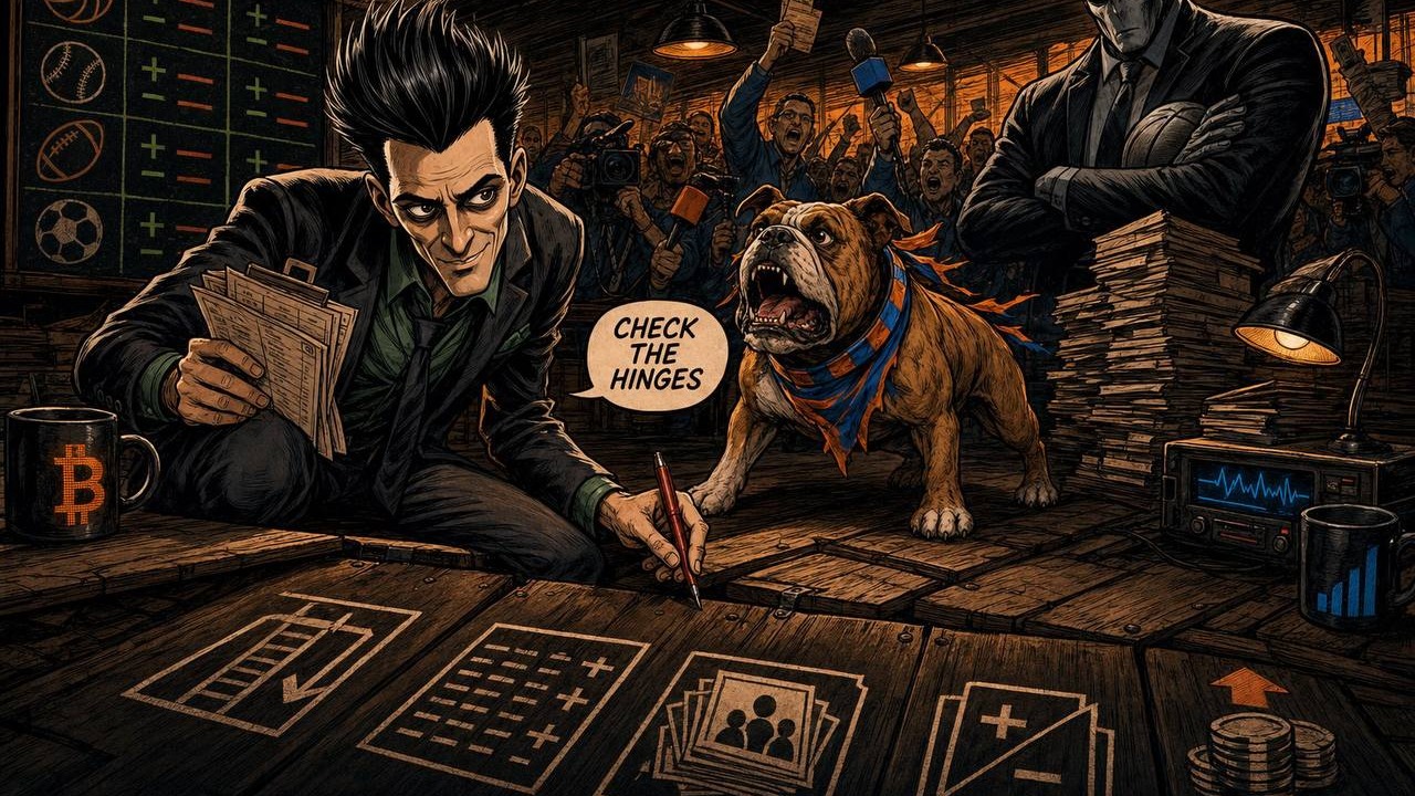 Paulie X kneels at a noir sports desk with betting slips and a red pen beside a bulldog in orange-and-blue colors, a looming bookie figure, odds boards, media crowd, and a trap-door floor marked “Check the hinges.”