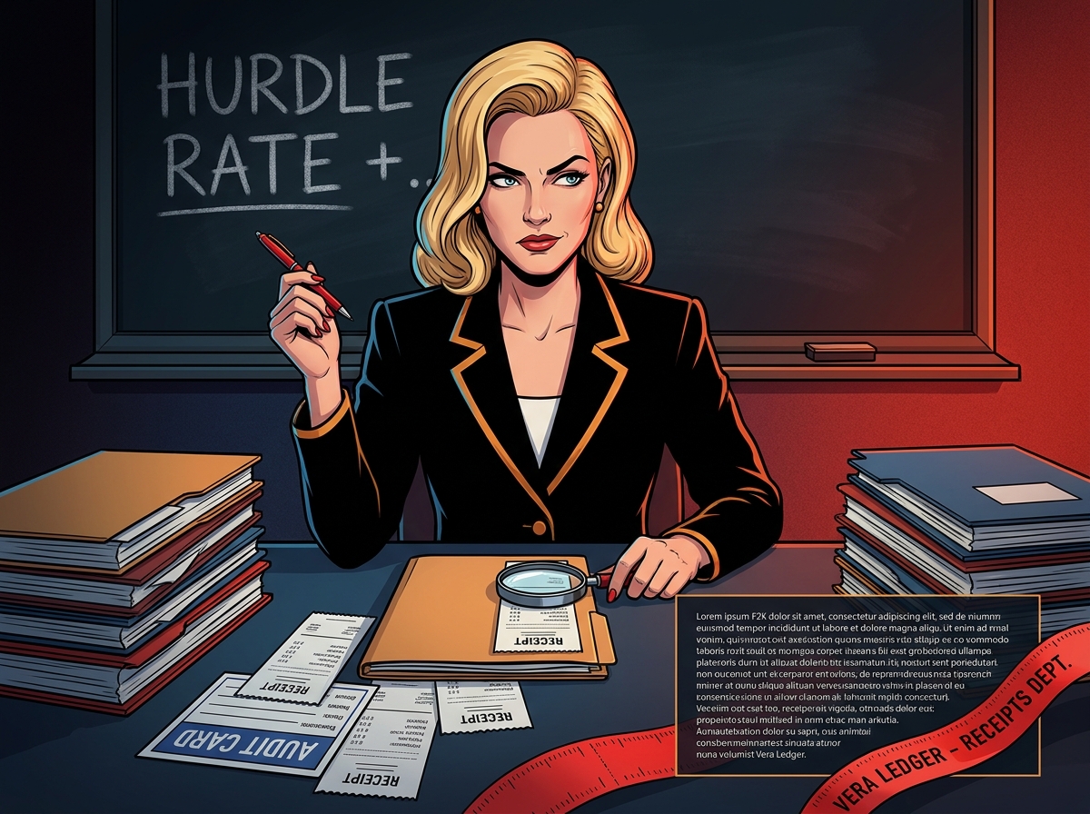 Vera Ledger at an audit desk reviewing a Hurdle Rate formula board, preferred-stock reserve language, and missing worksheet receipts in FF2K noir style.