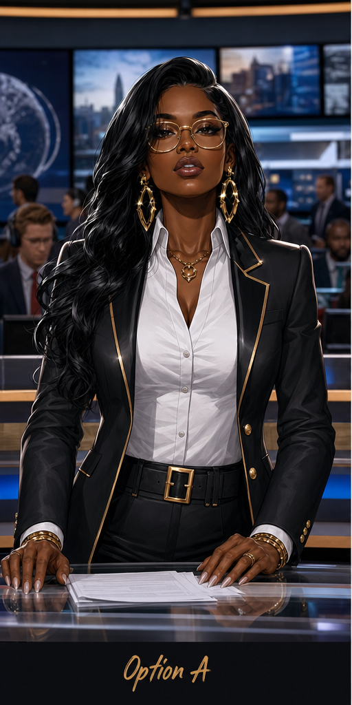 Ebony I seated at a cinematic FF2K news desk in a black blazer with orange accents.