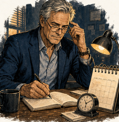 Silas North writing at a desk with calendar, coffee, and clock.