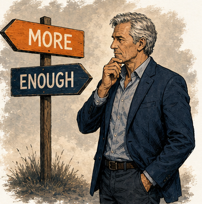 Silas North beside MORE and ENOUGH signposts.