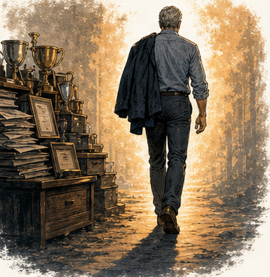 Silas North walking away from trophies and contracts toward warm light.