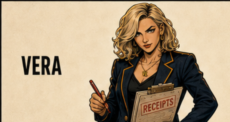 Vera Ledger standing with records and red pen evidence styling.